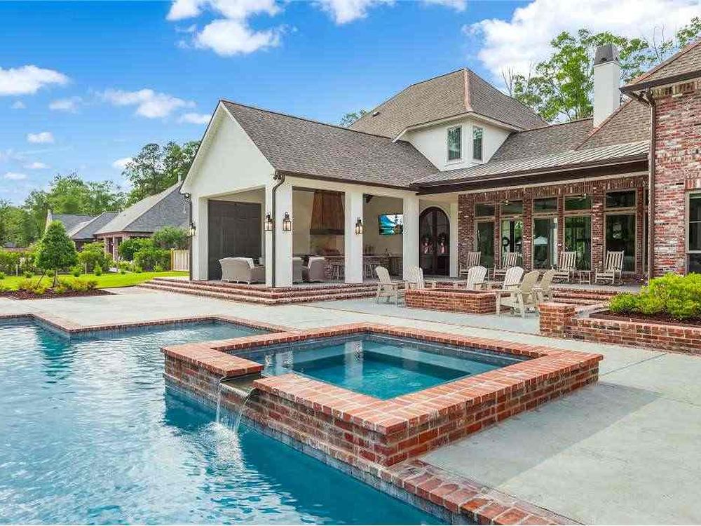 Gunite pool, brick spa, and outdoor pavilion from the Blue Wave Pools gallery